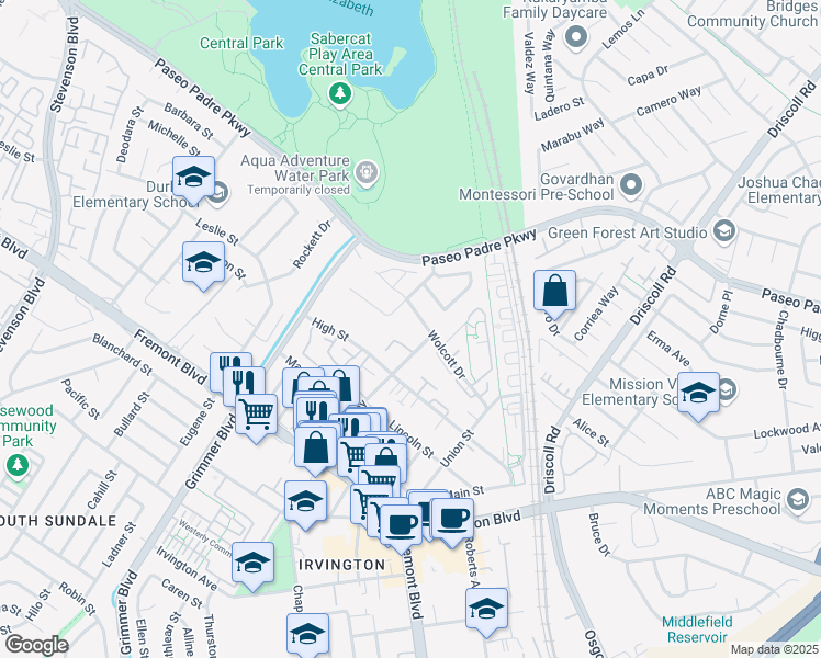 map of restaurants, bars, coffee shops, grocery stores, and more near 40425 Chapel Way in Fremont