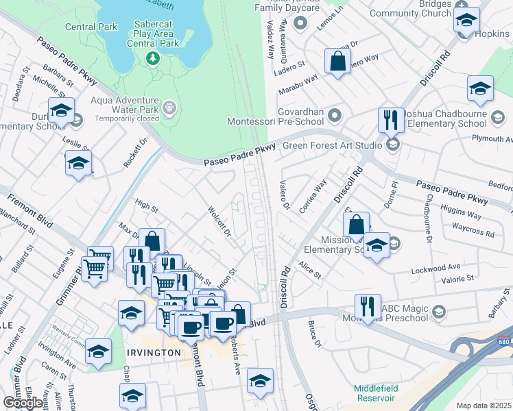 map of restaurants, bars, coffee shops, grocery stores, and more near 2901 Pescadero Terrace in Fremont