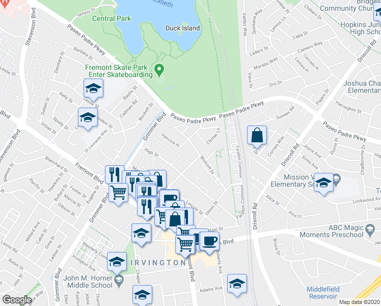 map of restaurants, bars, coffee shops, grocery stores, and more near 40415 Chapel Way in Fremont
