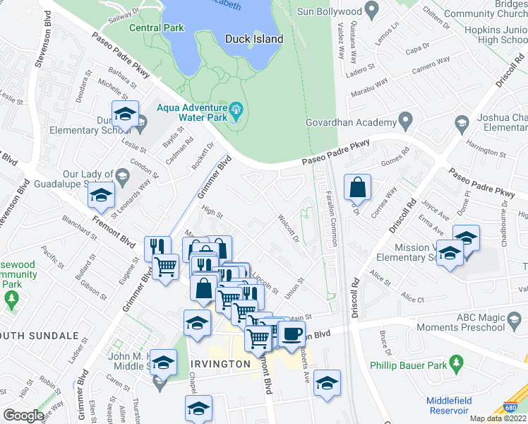 map of restaurants, bars, coffee shops, grocery stores, and more near 40415 Chapel Way in Fremont