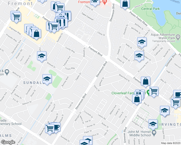 map of restaurants, bars, coffee shops, grocery stores, and more near 4261 Stevenson Boulevard in Fremont