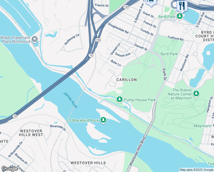 map of restaurants, bars, coffee shops, grocery stores, and more near 17 Tow Path Lane South in Richmond