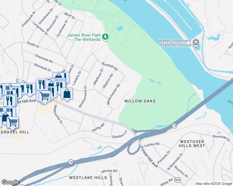 map of restaurants, bars, coffee shops, grocery stores, and more near 2930 Westchester Road in Richmond