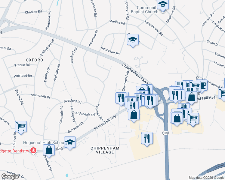 map of restaurants, bars, coffee shops, grocery stores, and more near 2718 Grantwood Court in Richmond