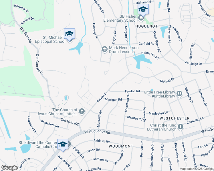 map of restaurants, bars, coffee shops, grocery stores, and more near 10300 Duryea Drive in Richmond