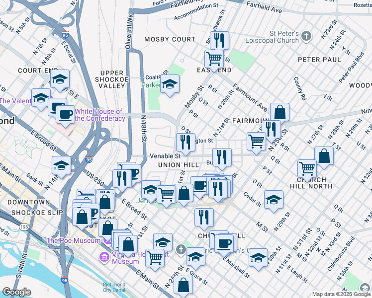 map of restaurants, bars, coffee shops, grocery stores, and more near 808 North 21st Street in Richmond