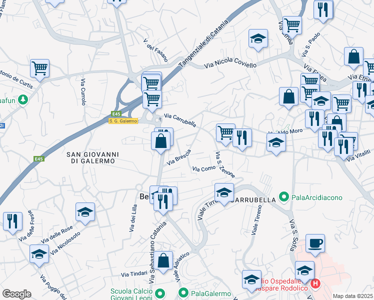 map of restaurants, bars, coffee shops, grocery stores, and more near 7 Via Brescia in Catania