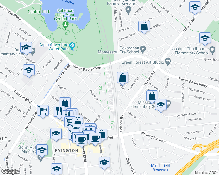 map of restaurants, bars, coffee shops, grocery stores, and more near 2901 Pescadero Terrace in Fremont