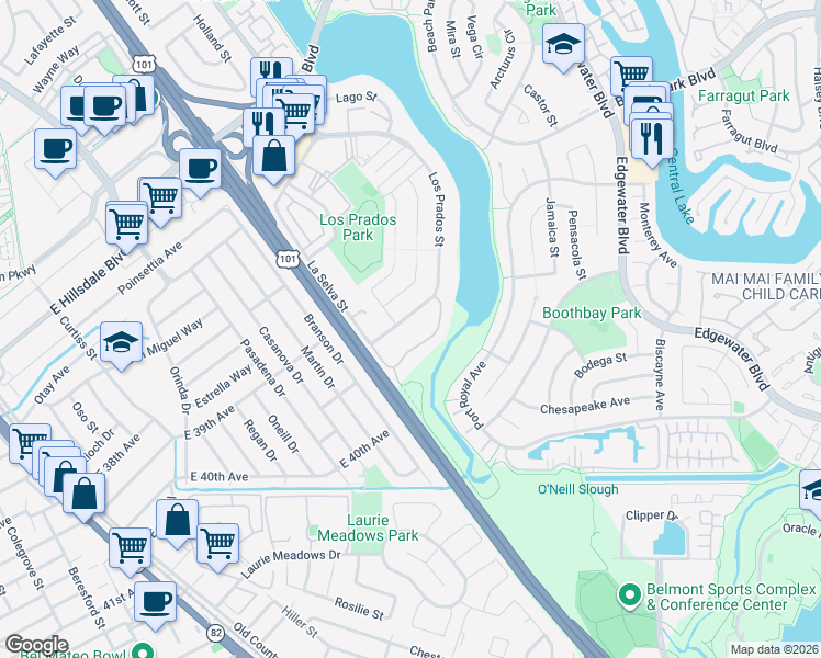 map of restaurants, bars, coffee shops, grocery stores, and more near 3365 Los Prados Street in San Mateo