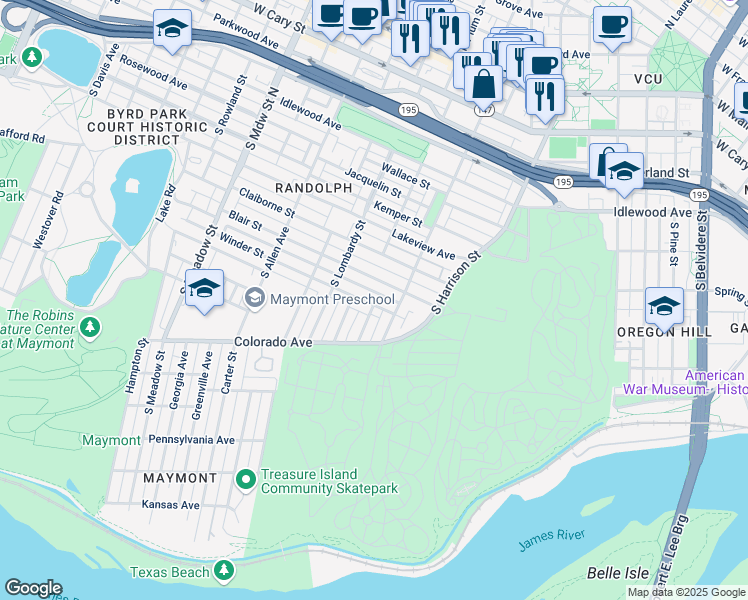 map of restaurants, bars, coffee shops, grocery stores, and more near 1412 Winder Street in Richmond