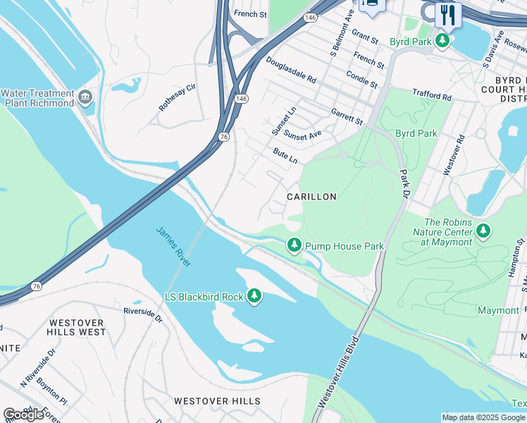 map of restaurants, bars, coffee shops, grocery stores, and more near 17 Tow Path Lane South in Richmond