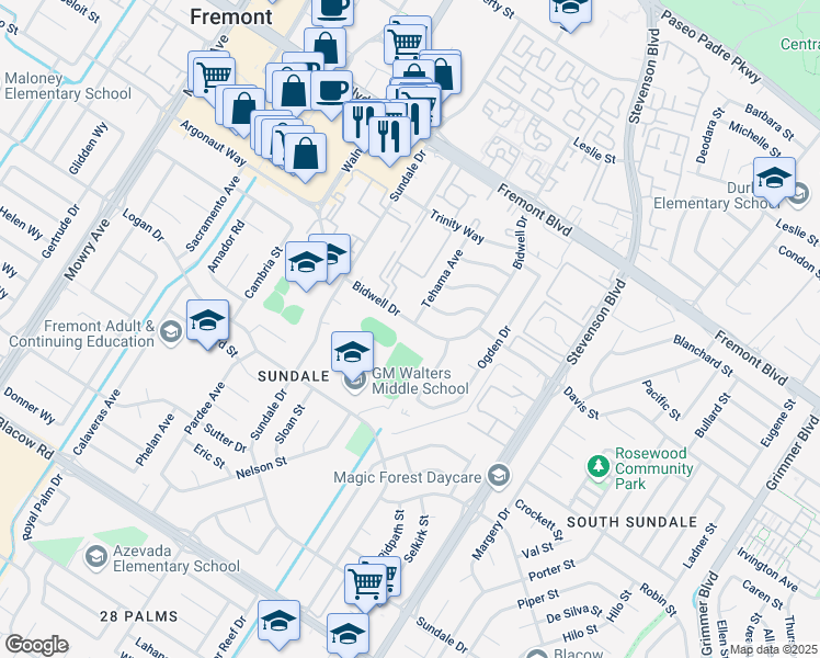 map of restaurants, bars, coffee shops, grocery stores, and more near 4398 Bidwell Drive in Fremont