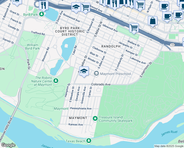map of restaurants, bars, coffee shops, grocery stores, and more near 1205 Greenville Avenue in Richmond