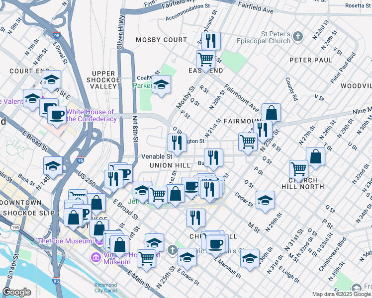 map of restaurants, bars, coffee shops, grocery stores, and more near 811 North 21st Street in Richmond