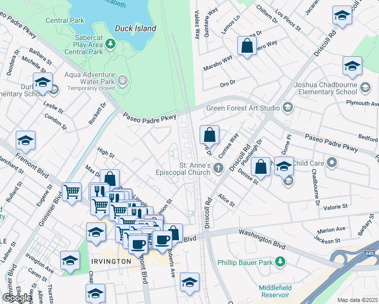 map of restaurants, bars, coffee shops, grocery stores, and more near 2901 Pescadero Terrace in Fremont