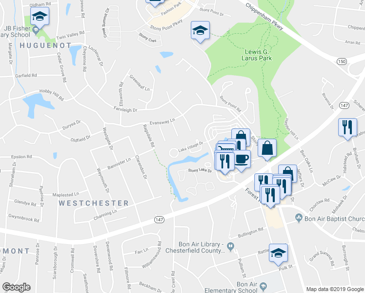 map of restaurants, bars, coffee shops, grocery stores, and more near 3118 Lake Shire Court in Richmond