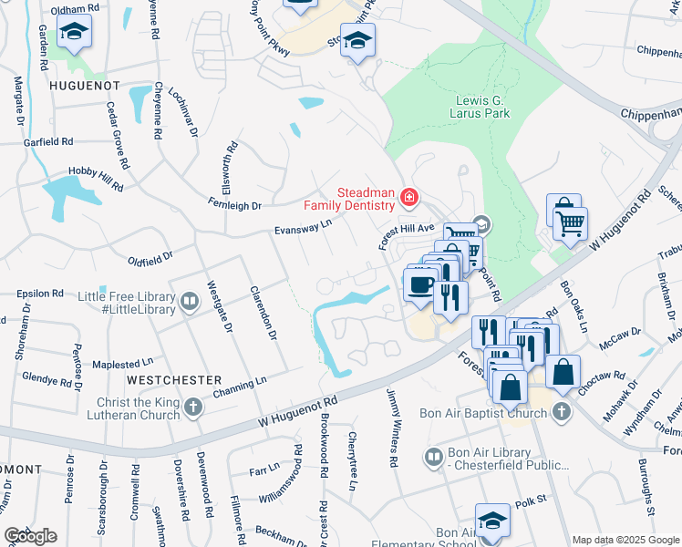 map of restaurants, bars, coffee shops, grocery stores, and more near 3118 Lake Shire Court in Richmond