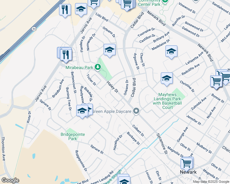 map of restaurants, bars, coffee shops, grocery stores, and more near 7034 Rochelle Avenue in Newark