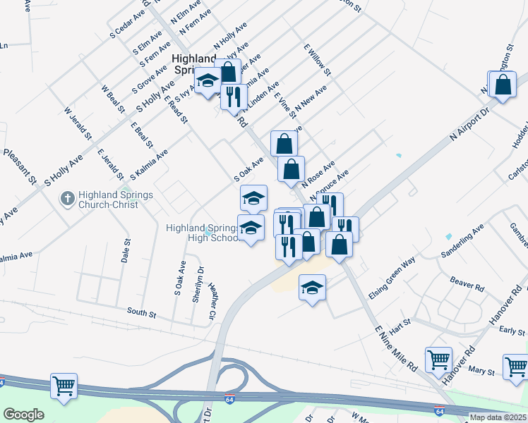 map of restaurants, bars, coffee shops, grocery stores, and more near 100 Tech Drive in Highland Springs