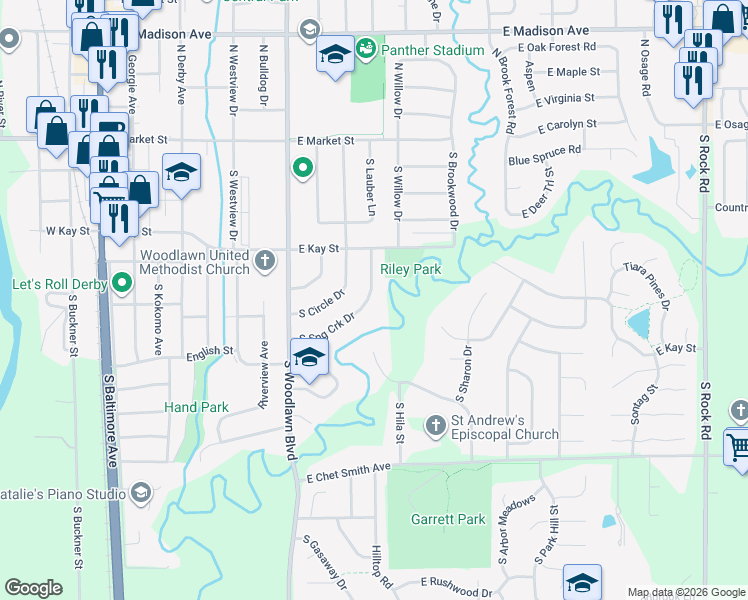 map of restaurants, bars, coffee shops, grocery stores, and more near 452 South Spring Creek Drive in Derby