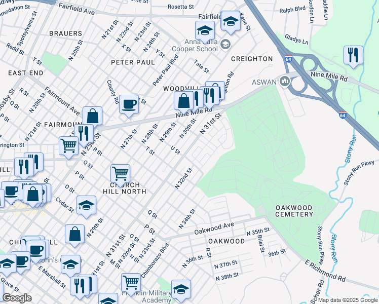 map of restaurants, bars, coffee shops, grocery stores, and more near 1509 North 31st Street in Richmond