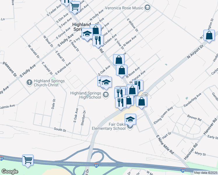 map of restaurants, bars, coffee shops, grocery stores, and more near 100 Tech Drive in Highland Springs