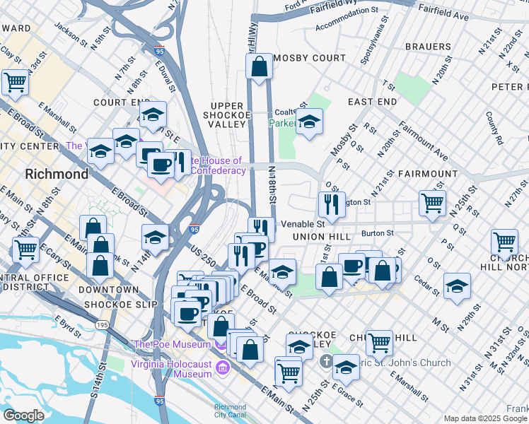 map of restaurants, bars, coffee shops, grocery stores, and more near 1700 Venable Street in Richmond