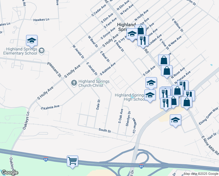 map of restaurants, bars, coffee shops, grocery stores, and more near Sag Harbor Place in Highland Springs