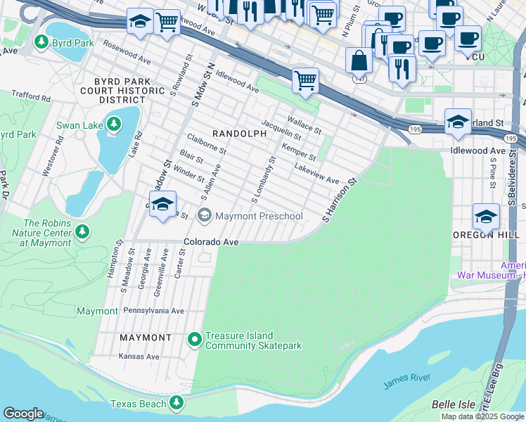 map of restaurants, bars, coffee shops, grocery stores, and more near 1501 Winder Street in Richmond