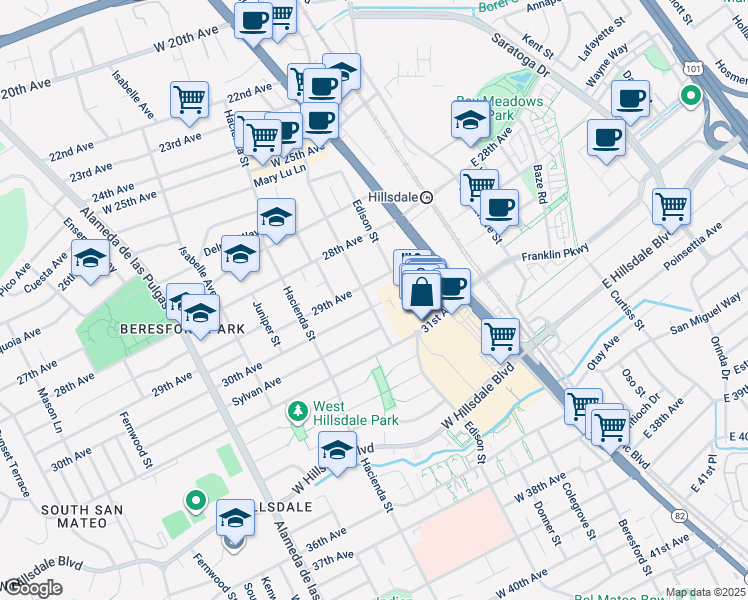 map of restaurants, bars, coffee shops, grocery stores, and more near 40 30th Avenue in San Mateo