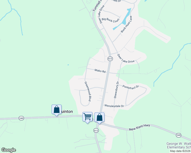map of restaurants, bars, coffee shops, grocery stores, and more near 5660 Gentry Dr in New Kent