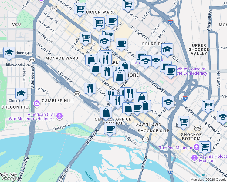 map of restaurants, bars, coffee shops, grocery stores, and more near 728 East Main Street in Richmond