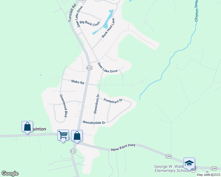 map of restaurants, bars, coffee shops, grocery stores, and more near 5929 Hingham Drive in New Kent