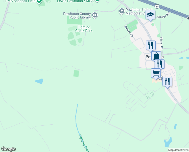 map of restaurants, bars, coffee shops, grocery stores, and more near 3900 Old Plantation Road in Powhatan