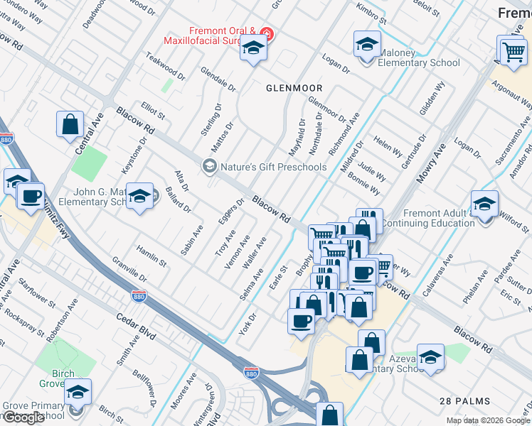 map of restaurants, bars, coffee shops, grocery stores, and more near 38687 Blacow Road in Fremont