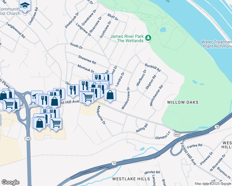 map of restaurants, bars, coffee shops, grocery stores, and more near 6733 Sequoyah Road in Richmond