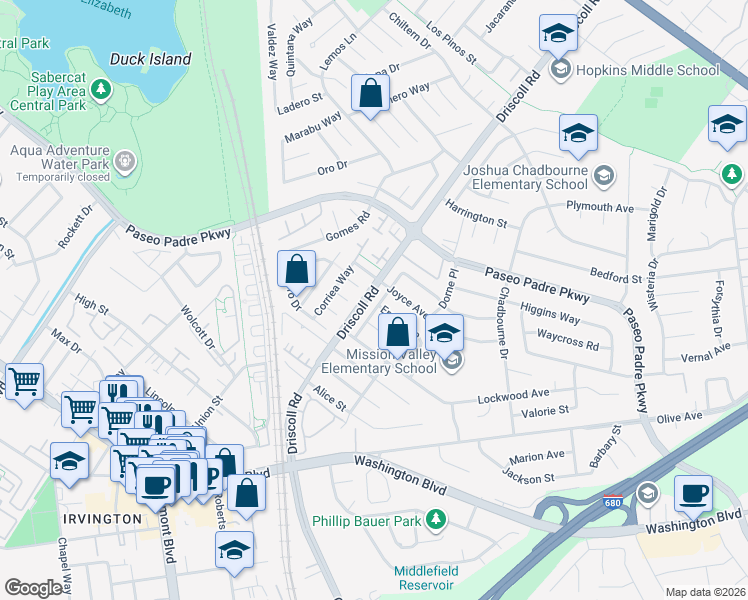 map of restaurants, bars, coffee shops, grocery stores, and more near 2395 Plumleigh Drive in Fremont