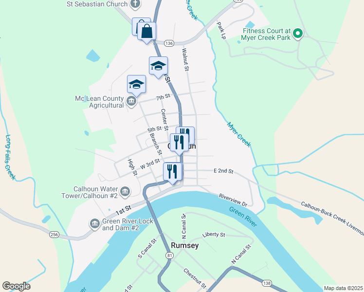 map of restaurants, bars, coffee shops, grocery stores, and more near in Calhoun