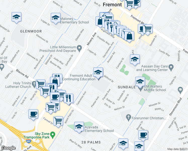 map of restaurants, bars, coffee shops, grocery stores, and more near 4635 Calaveras Avenue in Fremont
