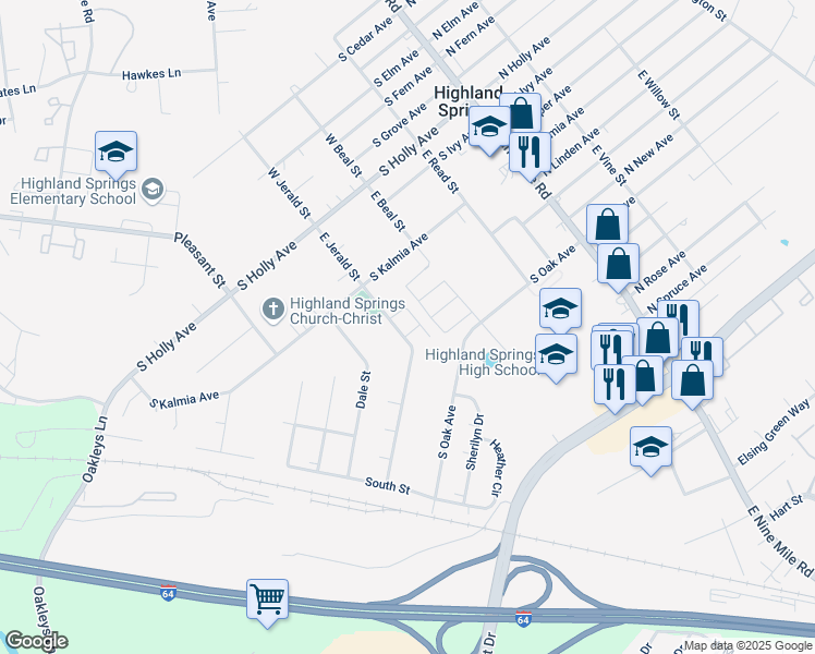 map of restaurants, bars, coffee shops, grocery stores, and more near 304 Sag Harbor Place in Highland Springs