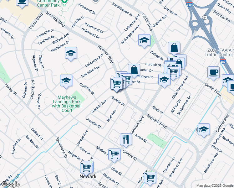 map of restaurants, bars, coffee shops, grocery stores, and more near 36601 Newark Boulevard in Newark