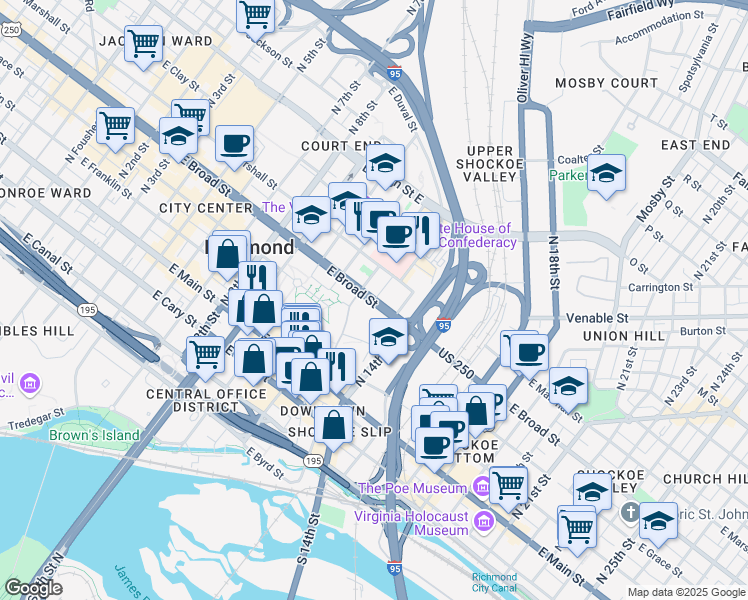 map of restaurants, bars, coffee shops, grocery stores, and more near 1220 East Broad Street in Richmond