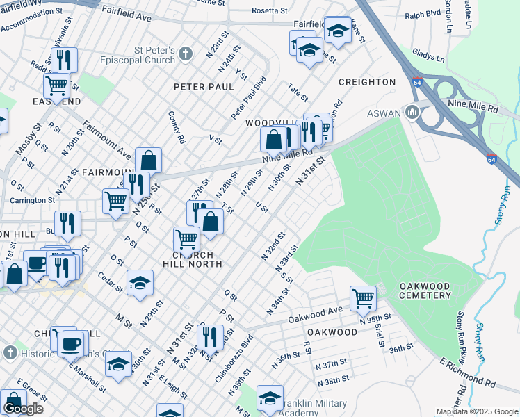 map of restaurants, bars, coffee shops, grocery stores, and more near 1415 North 30th Street in Richmond