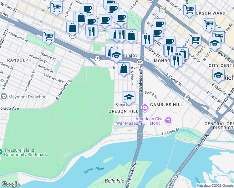 map of restaurants, bars, coffee shops, grocery stores, and more near 817 Spring St in Richmond