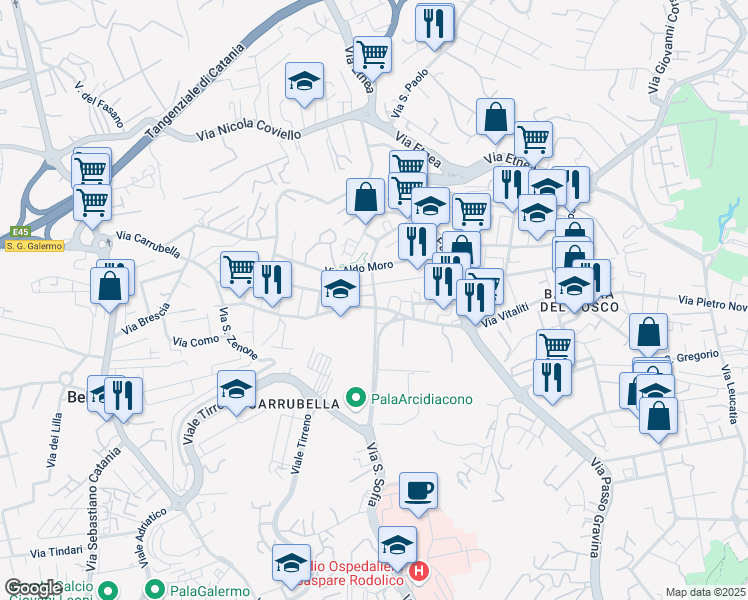 map of restaurants, bars, coffee shops, grocery stores, and more near 131 Via Carrubella in Gravina di Catania