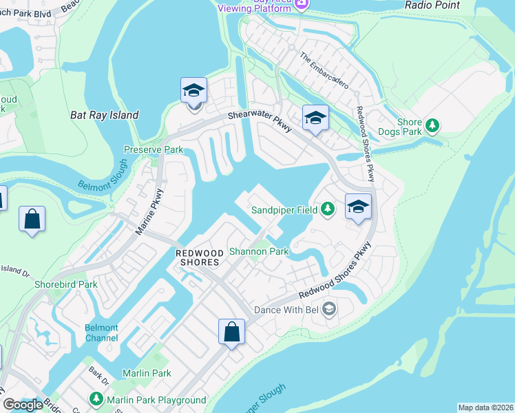 map of restaurants, bars, coffee shops, grocery stores, and more near 530 Baltic Circle in Redwood City