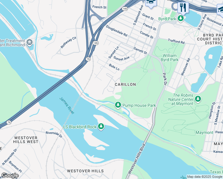 map of restaurants, bars, coffee shops, grocery stores, and more near 15 Old Canal Road in Richmond