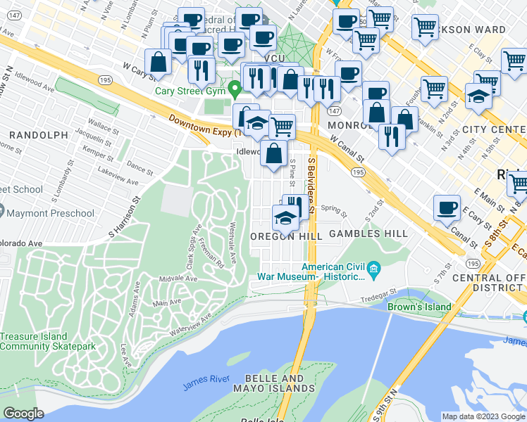 map of restaurants, bars, coffee shops, grocery stores, and more near 805 Spring Street in Richmond