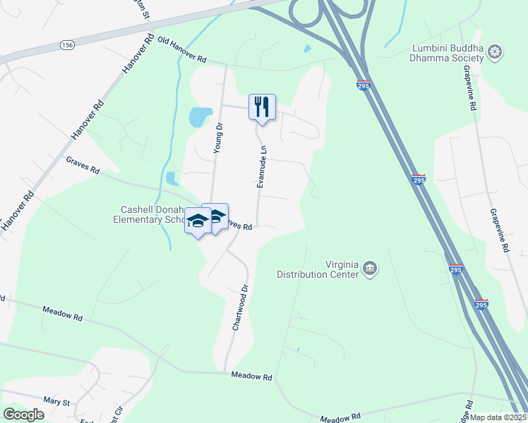 map of restaurants, bars, coffee shops, grocery stores, and more near 405 Evanrude Lane in Sandston