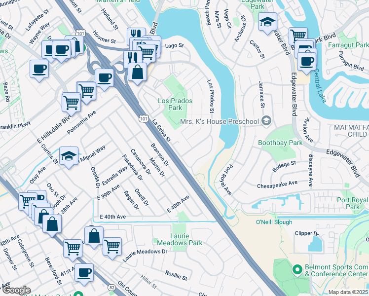 map of restaurants, bars, coffee shops, grocery stores, and more near 3377 La Selva Street in San Mateo